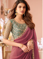 Vegaa Fashion Onion Pink Georgette Embroidered Party Wear Saree - Distacart