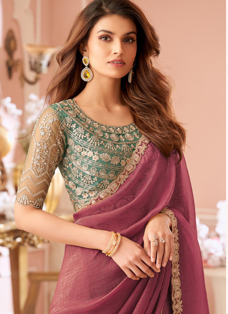 Vegaa Fashion Onion Pink Georgette Embroidered Party Wear Saree - Distacart