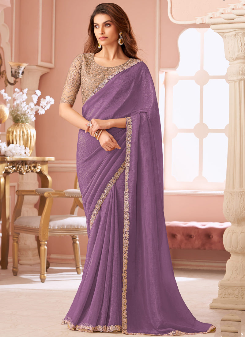 Vegaa Fashion Lavender Georgette Embroidered Party Wear Saree - Distacart
