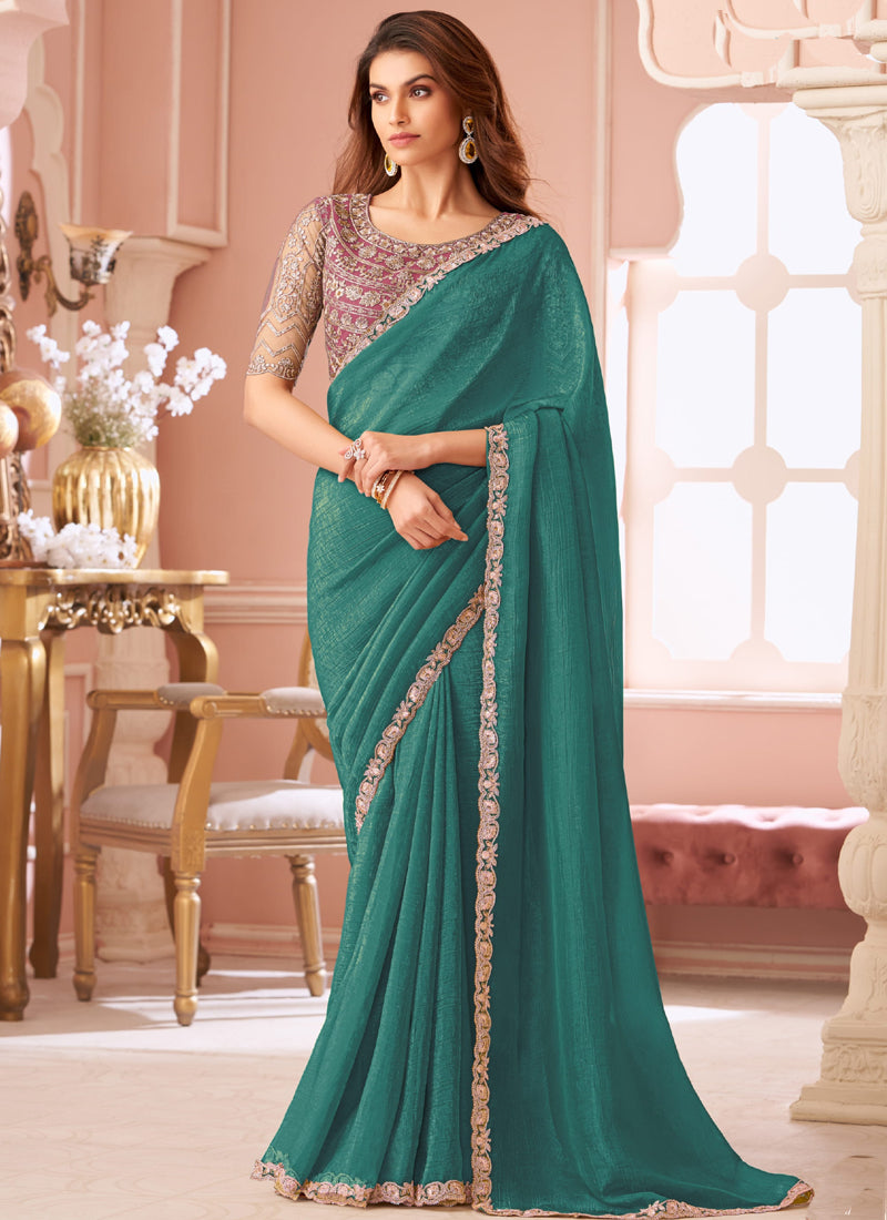 Vegaa Fashion Turquoise Georgette Embroidered Party Wear Saree - Distacart