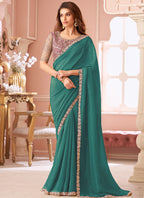 Vegaa Fashion Turquoise Georgette Embroidered Party Wear Saree - Distacart