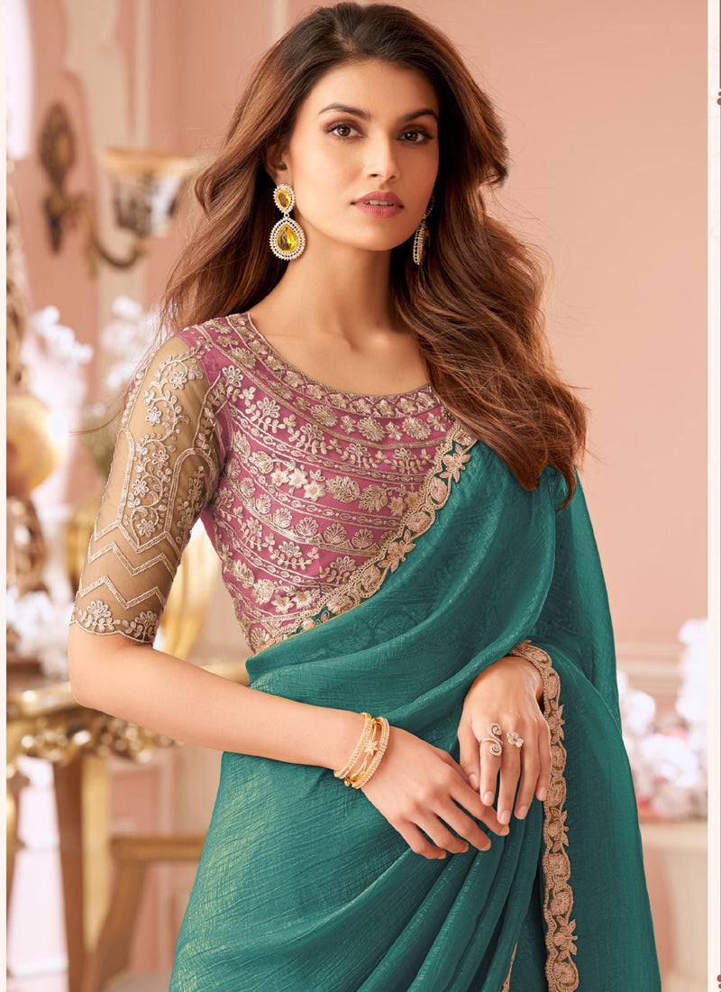 Vegaa Fashion Turquoise Georgette Embroidered Party Wear Saree - Distacart