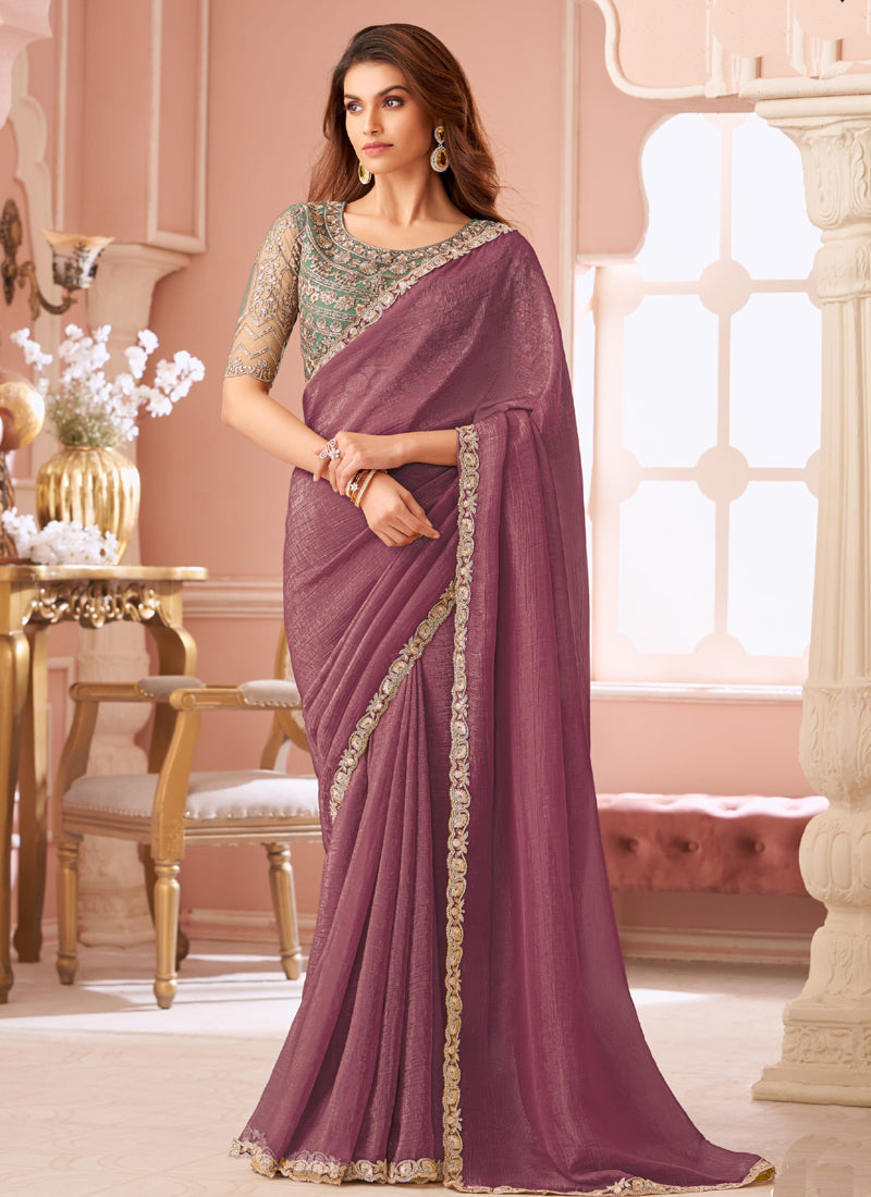 Vegaa Fashion Onion Pink Georgette Embroidered Party Wear Saree - Distacart
