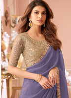 Vegaa Fashion Lavender Georgette Embroidered Party Wear Saree - Distacart