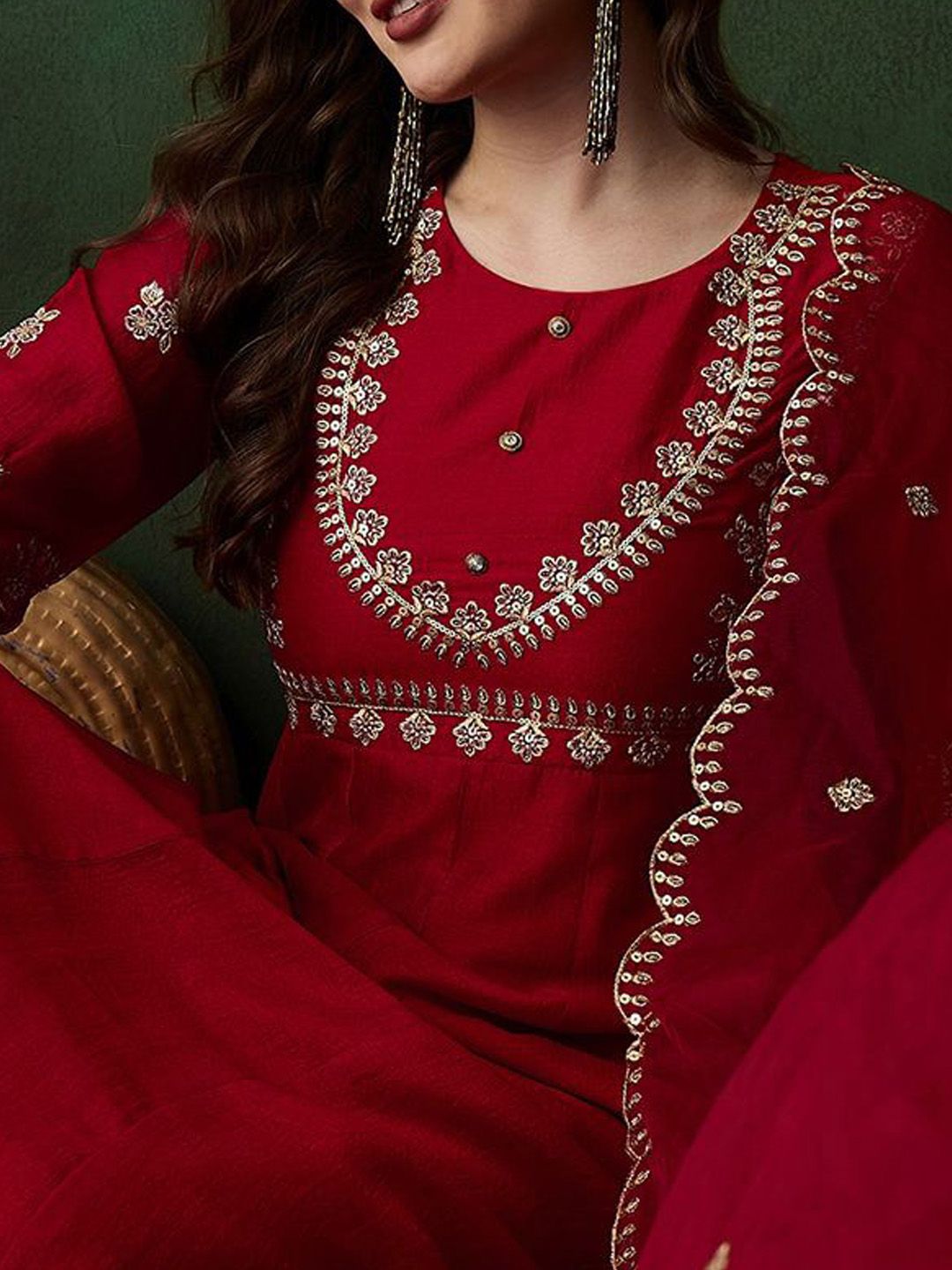 Sangria Round Neck Floral Zari Embroidered Straight Kurta with Trouser and Dupatta - Distacart