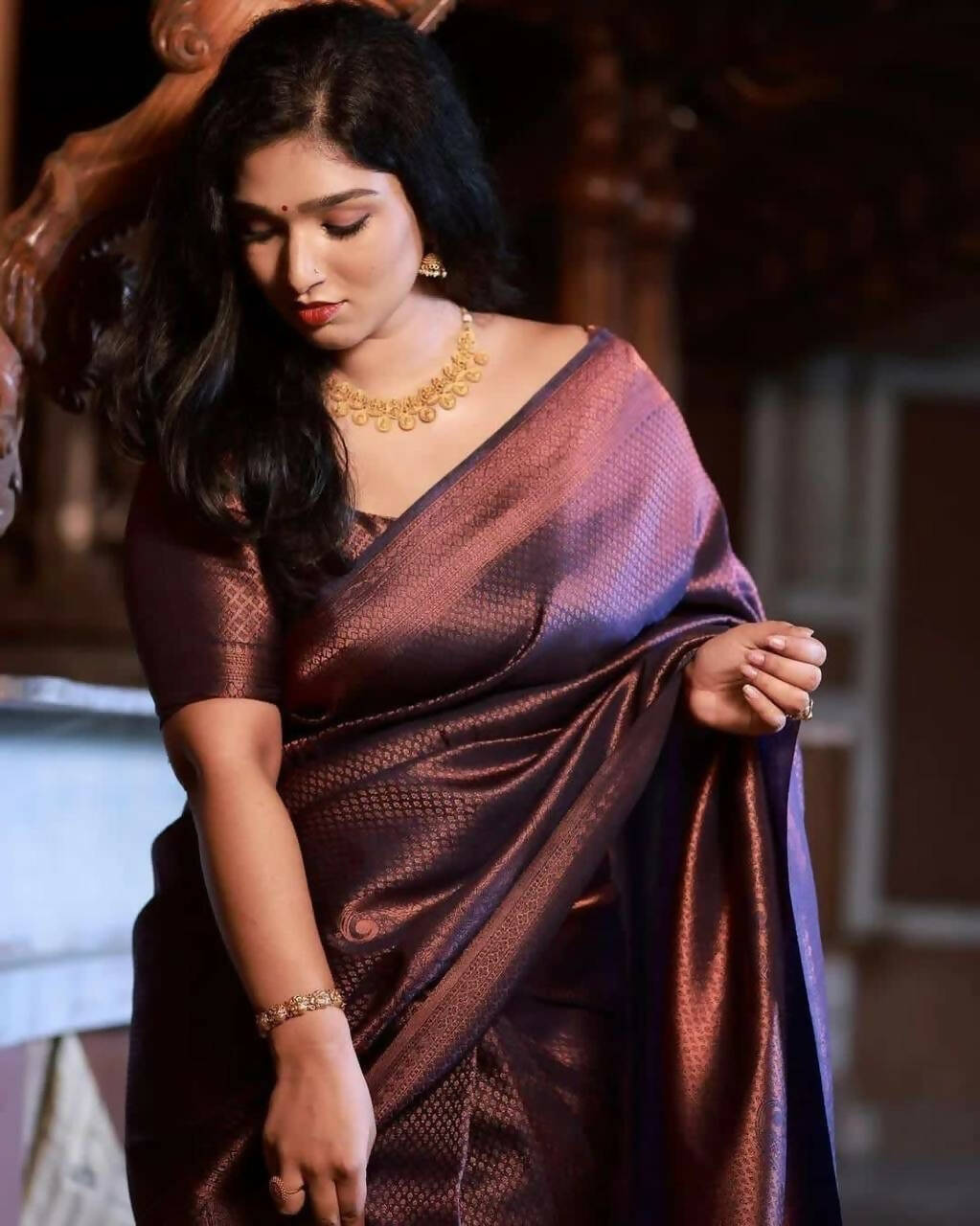 DEIANA'S Beautiful Designer Golden zari Soft Lichi Silk Saree - Purple