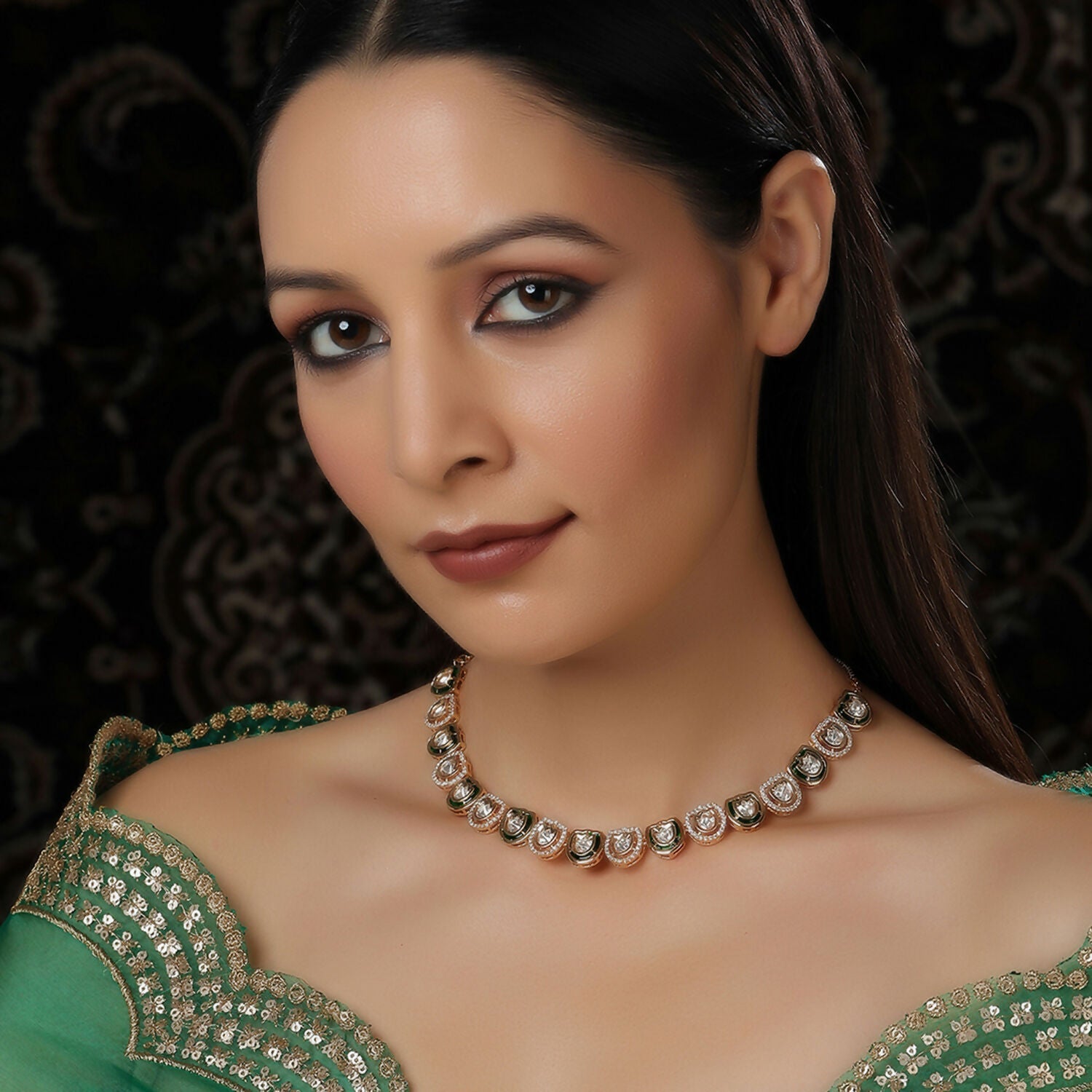 Kundan and Daimond Neckpiece (Gold) - Ruby Raang