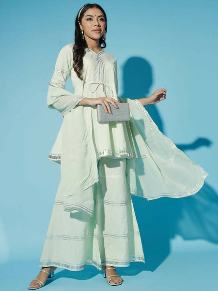 Myshka Women Green Solid Kurta & Palazzos With Dupatta