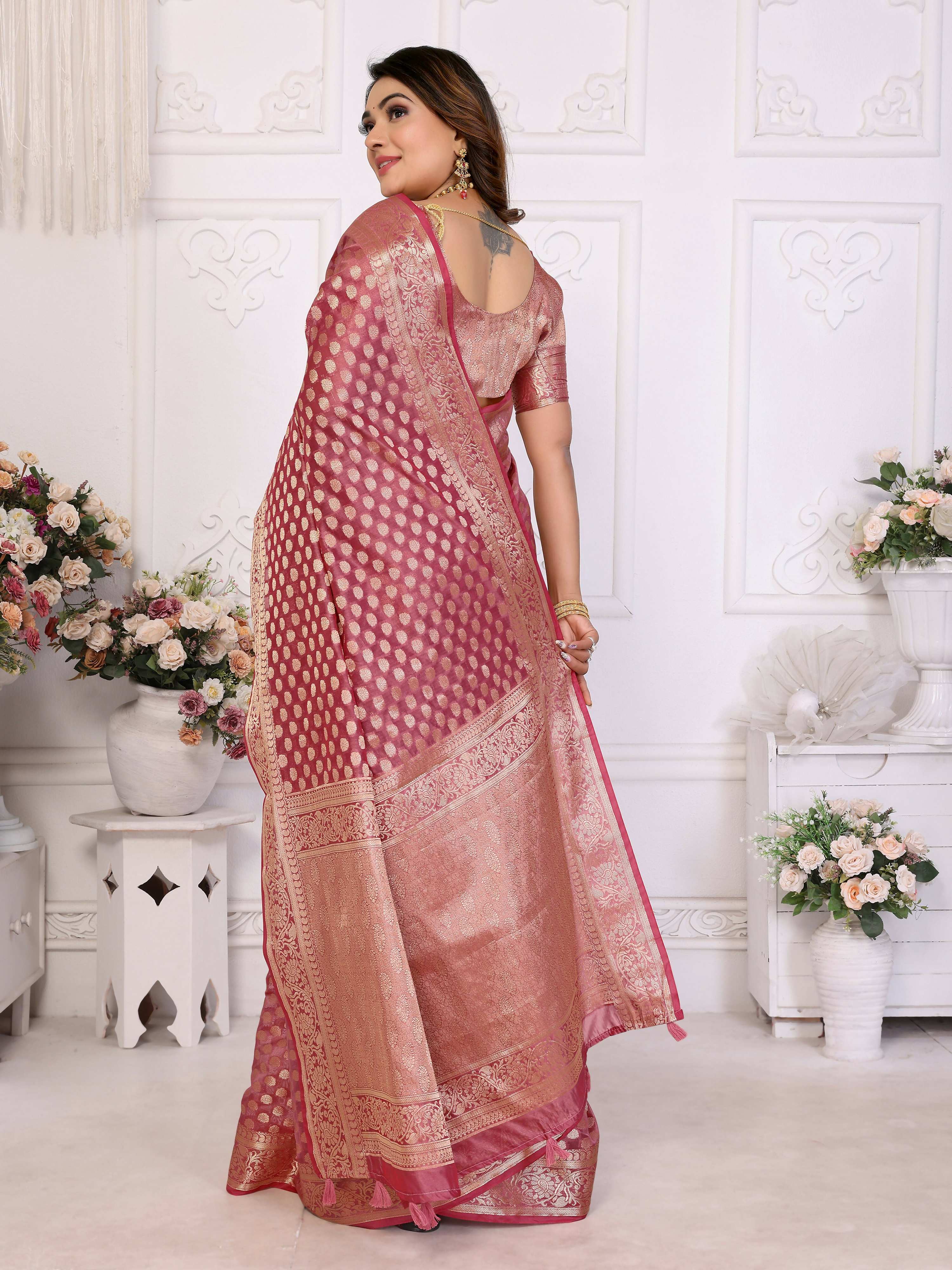 Aastha Fashion Light Pink Organza Silk Weaving Saree - Distacart