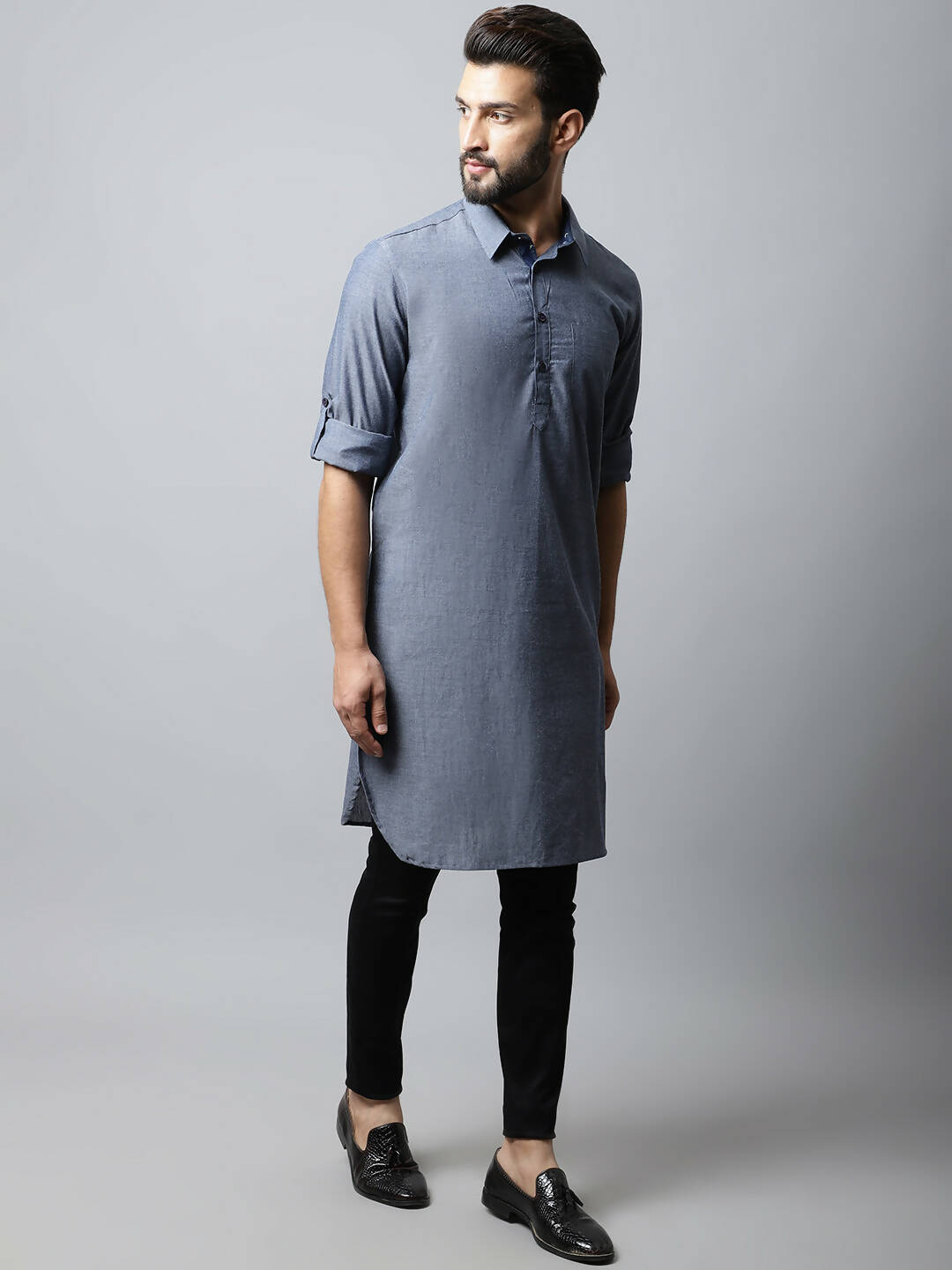 Even Apparels Grey Color Pure Cotton Solid Men's Kurta With Shirt Collar (MMS149) - Distacart