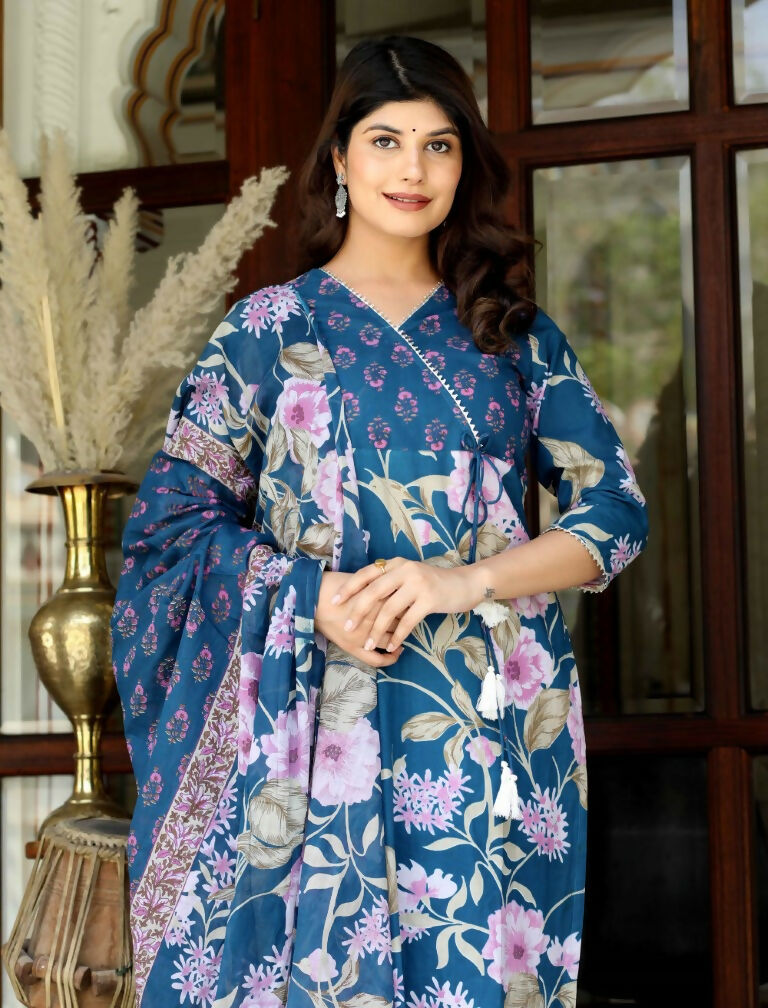 Miravan Women's Cotton Floral Angrakha Kurta And Palazzo With Dupatta Set