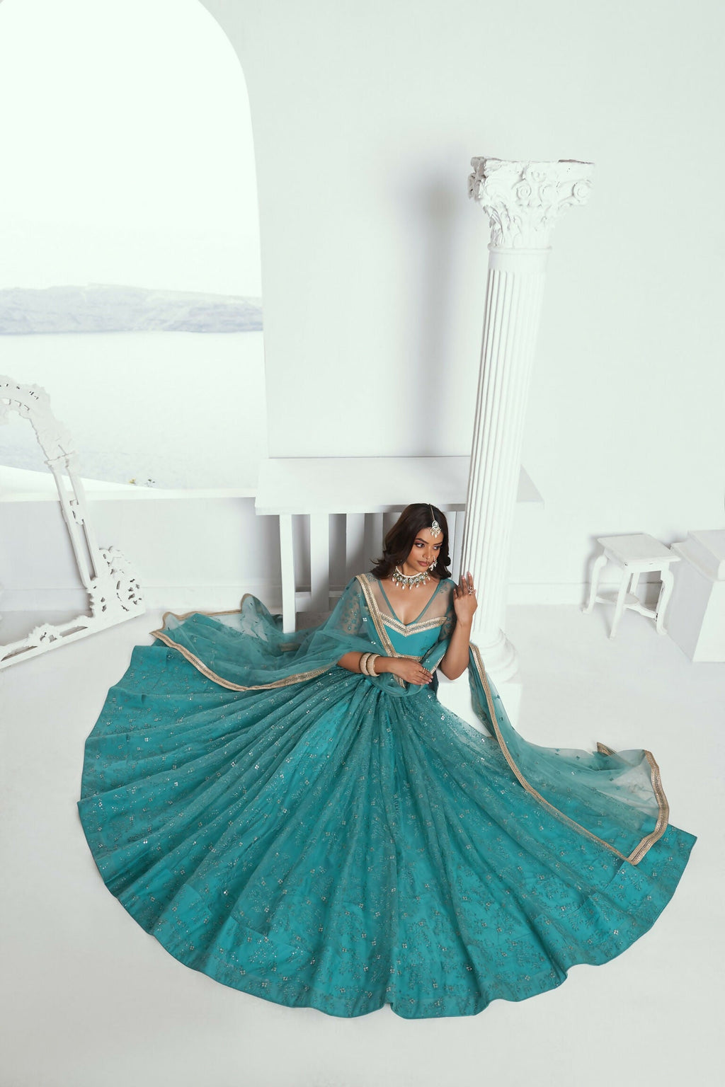 Eilara Beautiful Teal Net With Embroidered And Thread Zari Sequence Wedding Lehenga Choli