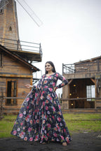 Aayaa Designer Printed Georgette Full Flare Gown With Dupatta - Multi Color - Distacart
