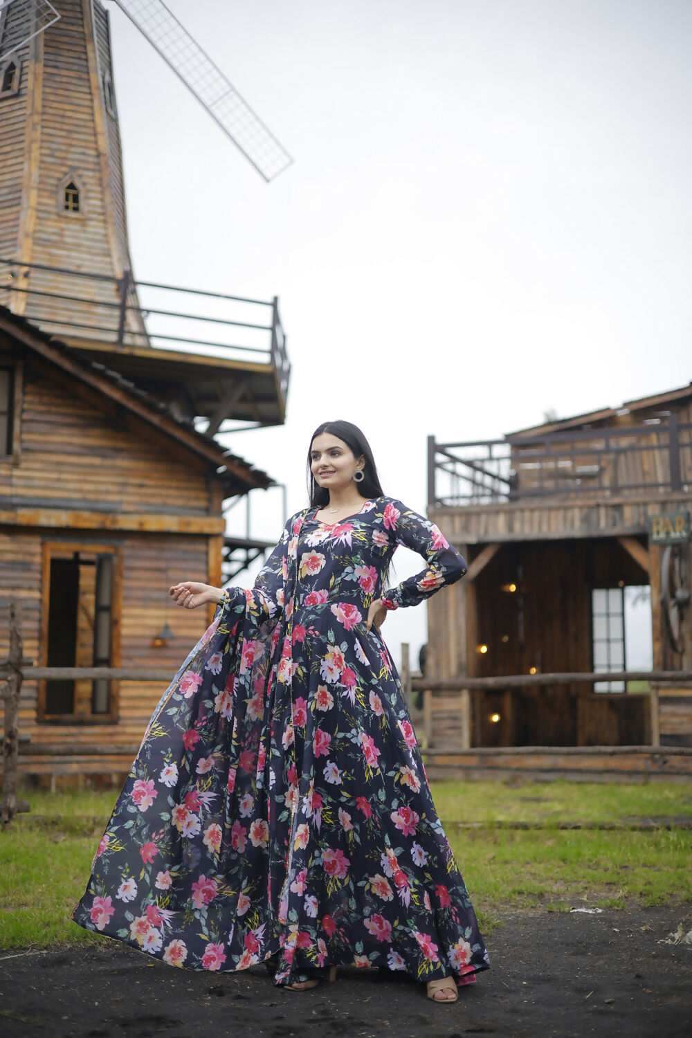 Aayaa Designer Printed Georgette Full Flare Gown With Dupatta - Multi Color - Distacart