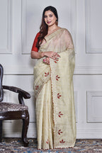 Morchari Beige Kota Check Zari Embroidery Saree Unstitched Blouse - Distacart
