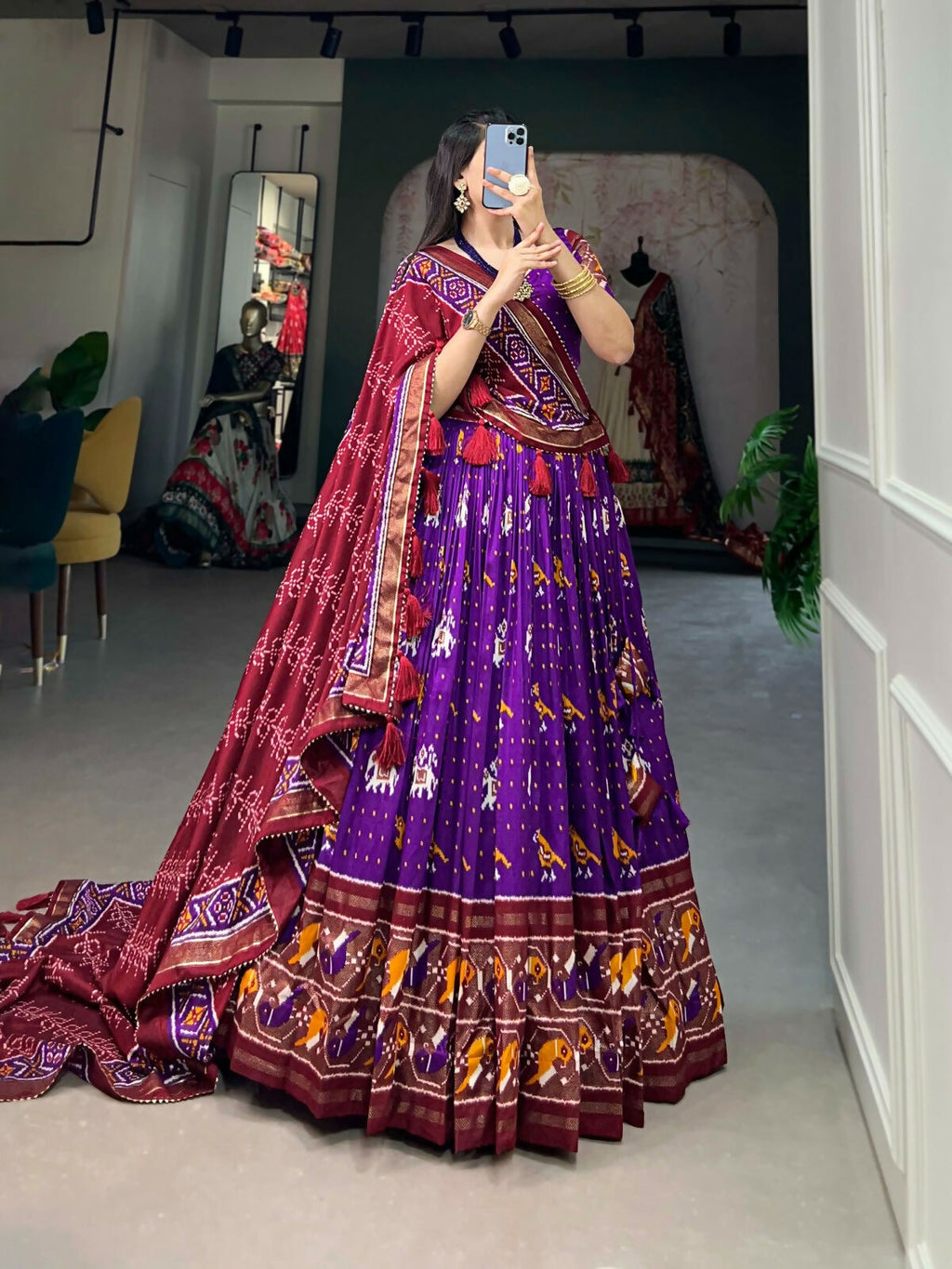 Vastranavya Traditional Ikkat Patola Print Tussar Silk Lehenga Choli - Purple
