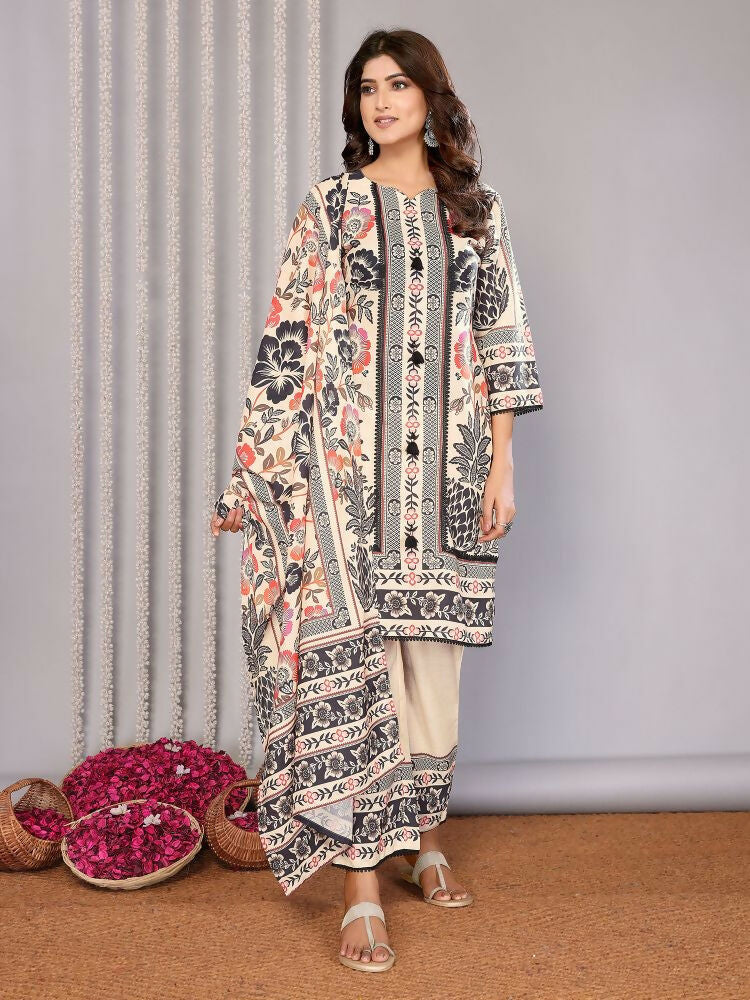 Joban Fashion Women Cream Linen Printed Stitched Kurta Set - Distacart