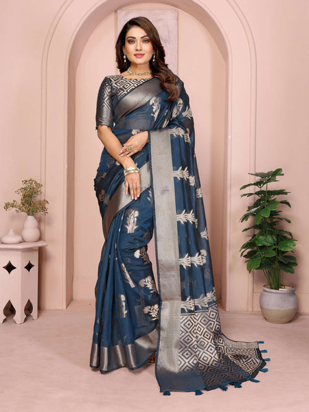Aastha Fashion Teal Soft Organza Silk Weaving Saree