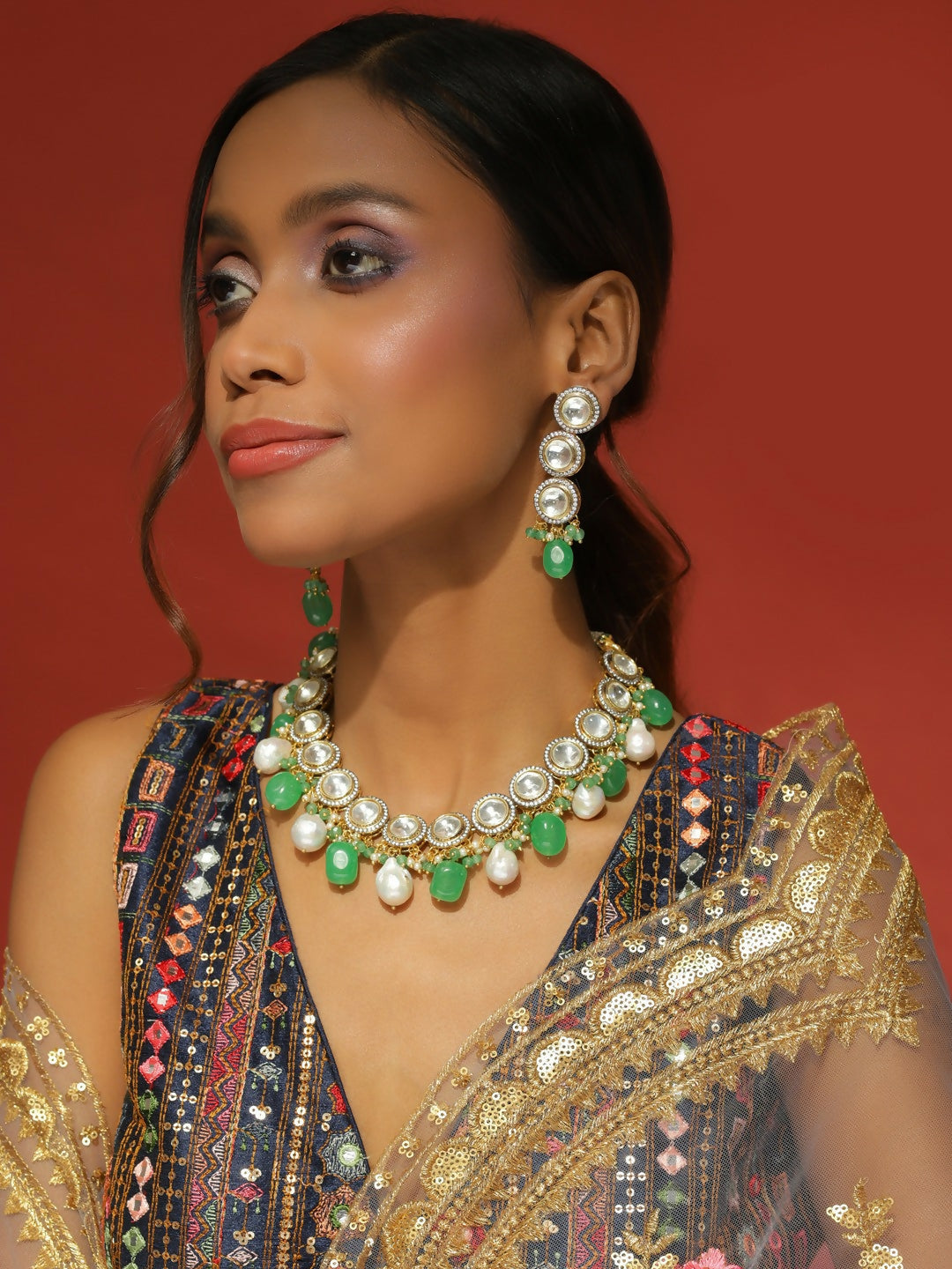 Maharani Green Stone & Kundan Neckpiece with Earrings- Ruby Raang