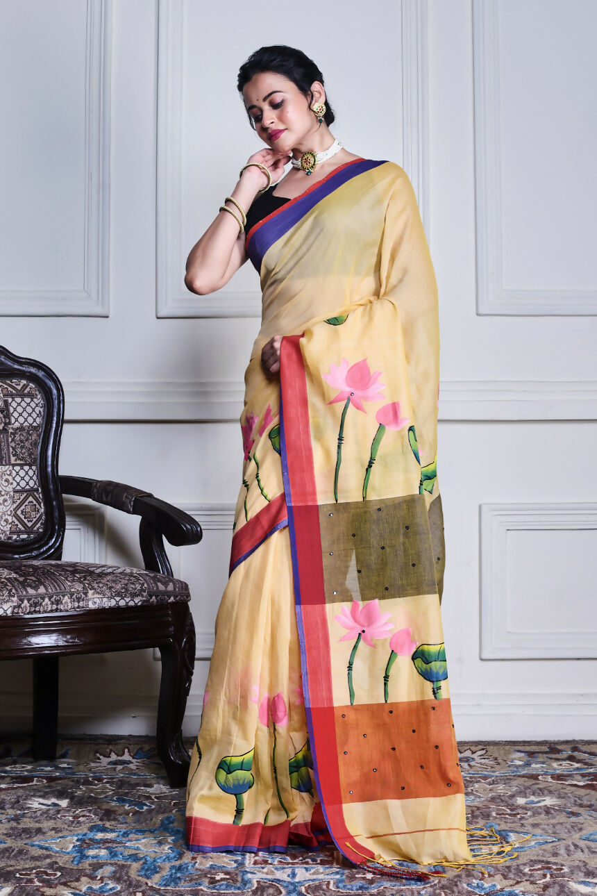 Morchari Multicolour Cotton Handloom Mirror Work Saree Unstitched Blouse - Distacart