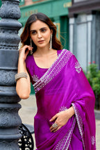Vastranavya Purple Embroidery Work Shimmer Chiffon Saree with Unstitched Blouse - Distacart