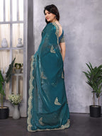 Vastranavya Teal Embroidery Work Shimmer Chiffon Saree with Unstitched Blouse - Distacart
