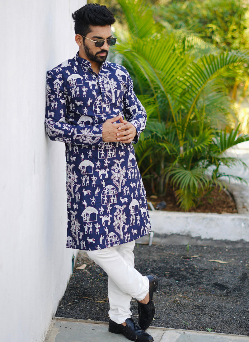 Prazu Fashion Blue Lucknowi Silk Kurta With Pajama - Distacart