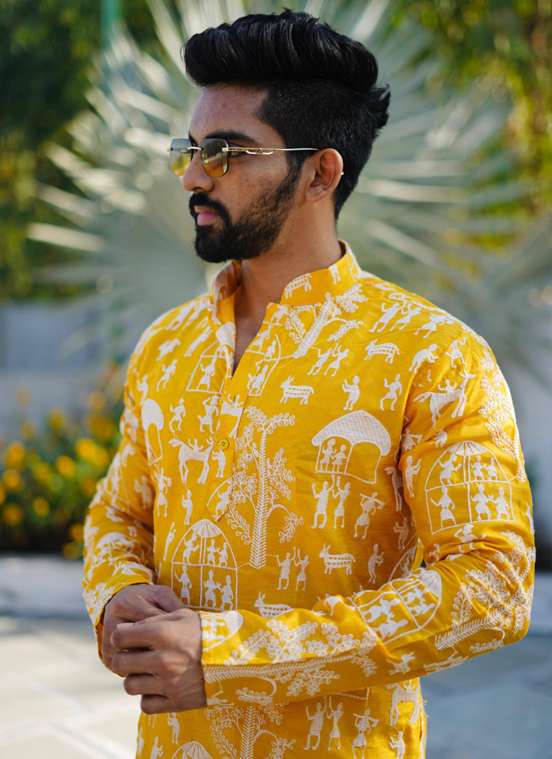 Prazu Fashion Yellow Lucknowi Silk Kurta With Pajama - Distacart