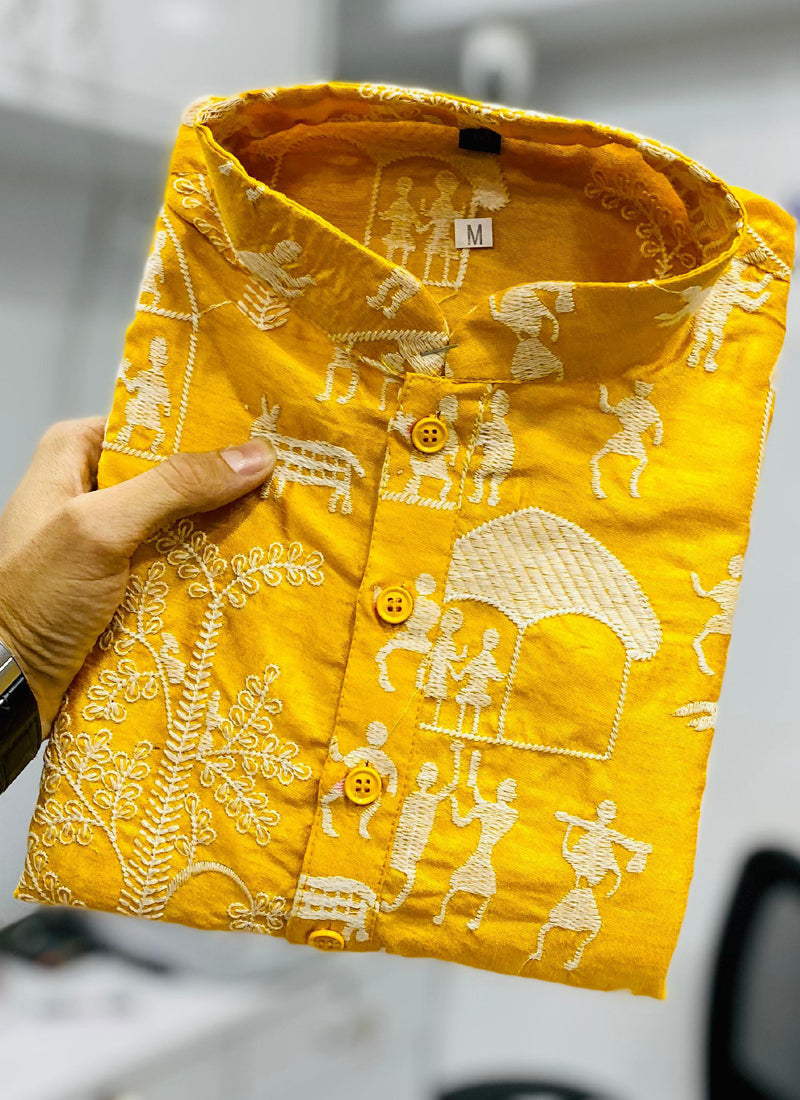 Prazu Fashion Yellow Lucknowi Silk Kurta With Pajama - Distacart