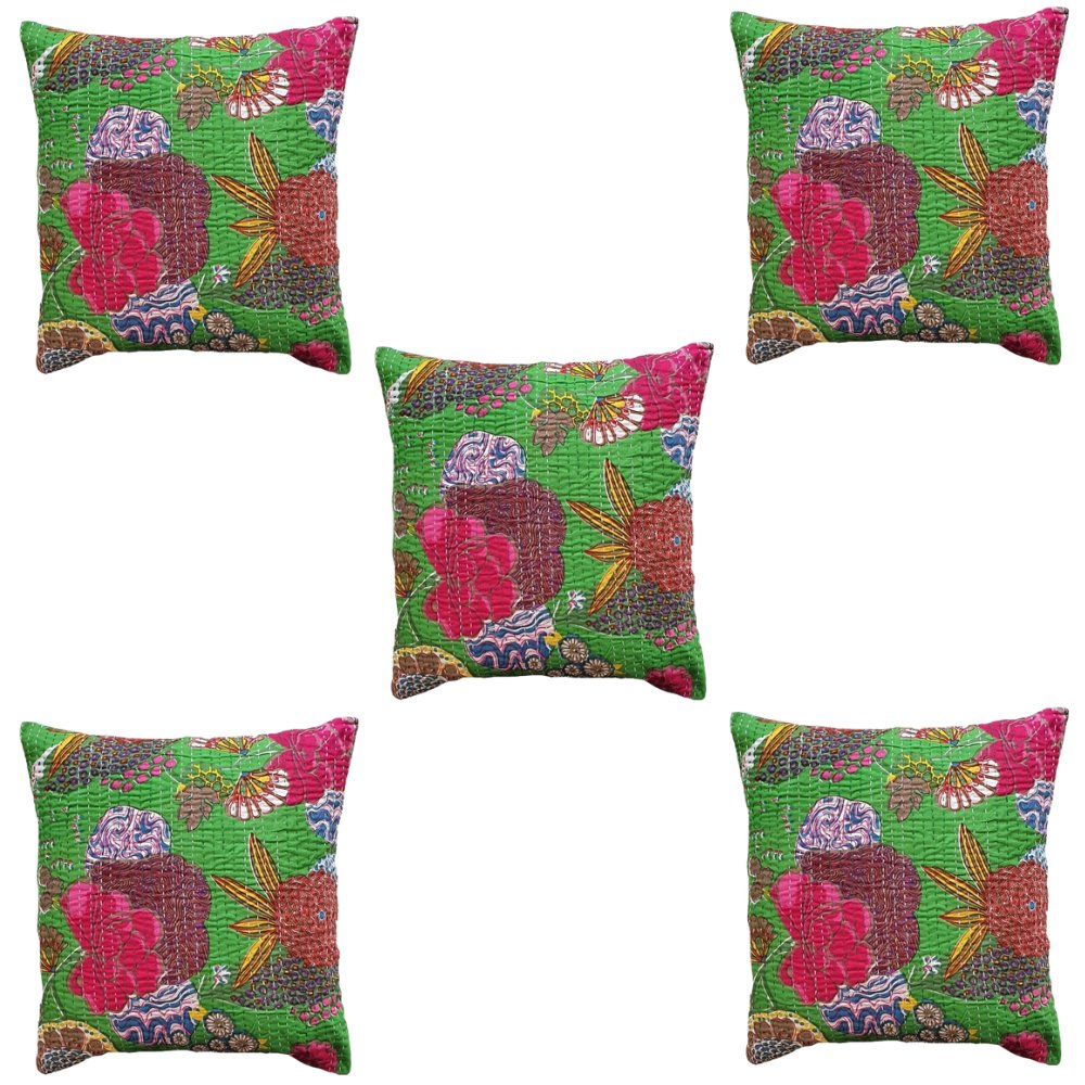 The Decor Nook Parrot Green Base With Multicolour Flowers Print Cushion Cover