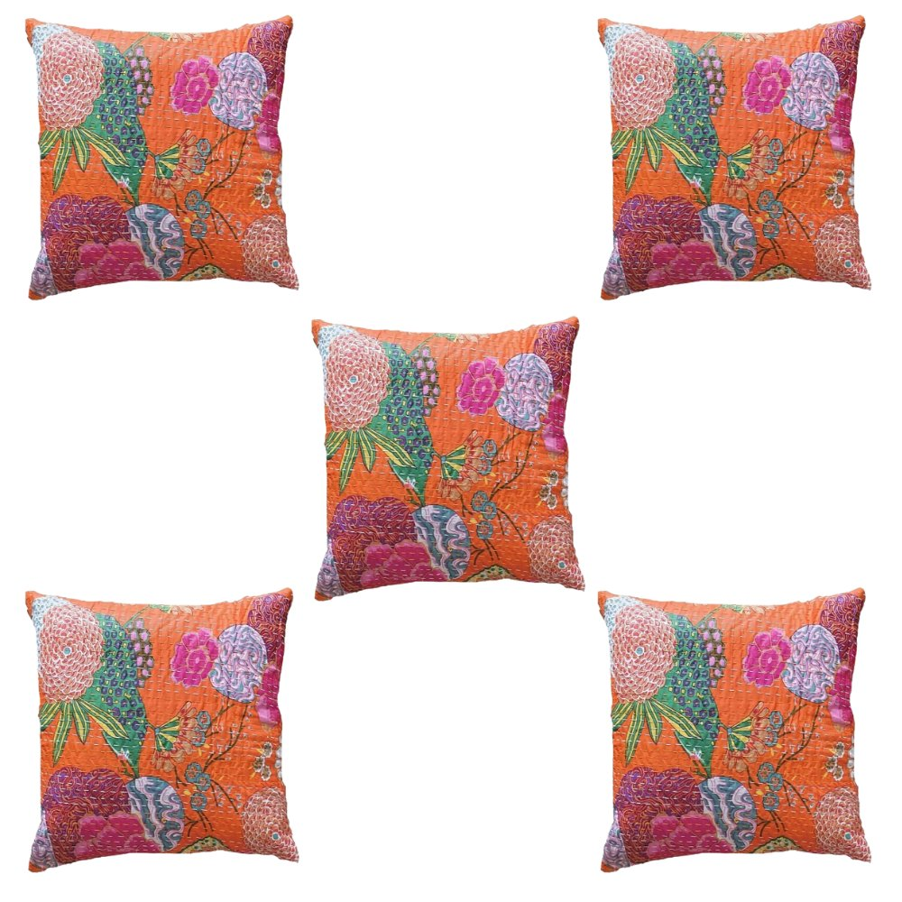 The Decor Nook Orange Base With Multicolour Flowers Print Cushion Cover