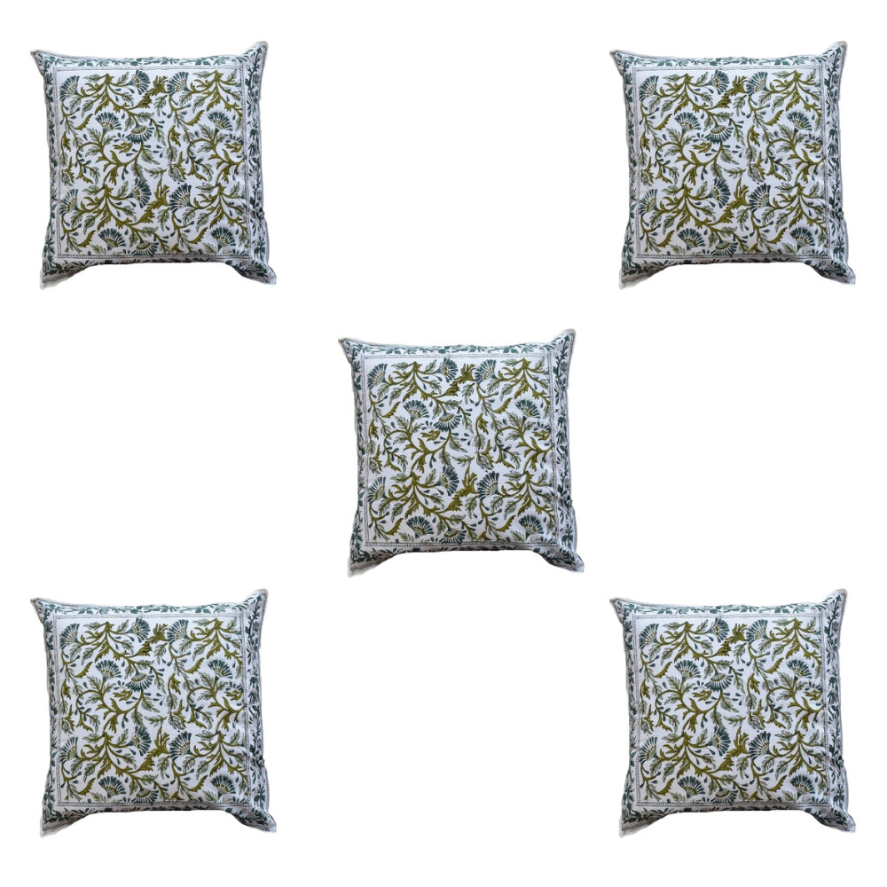 The Decor Nook Green / Teal Leaf Print With Teal Border Cushion Cover