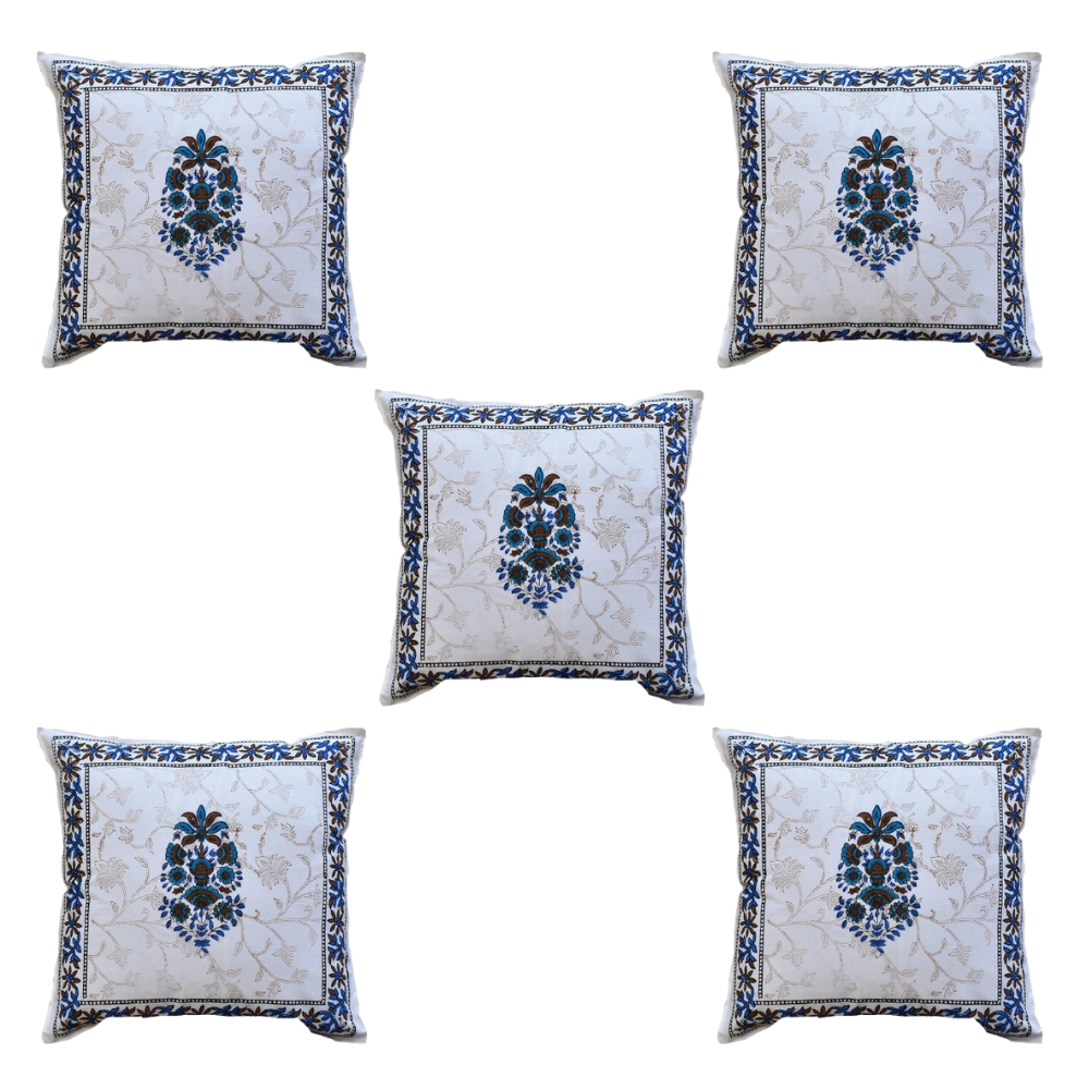 The Decor Nook Blue Floral Print With Blue Brown Border Cushion Cover