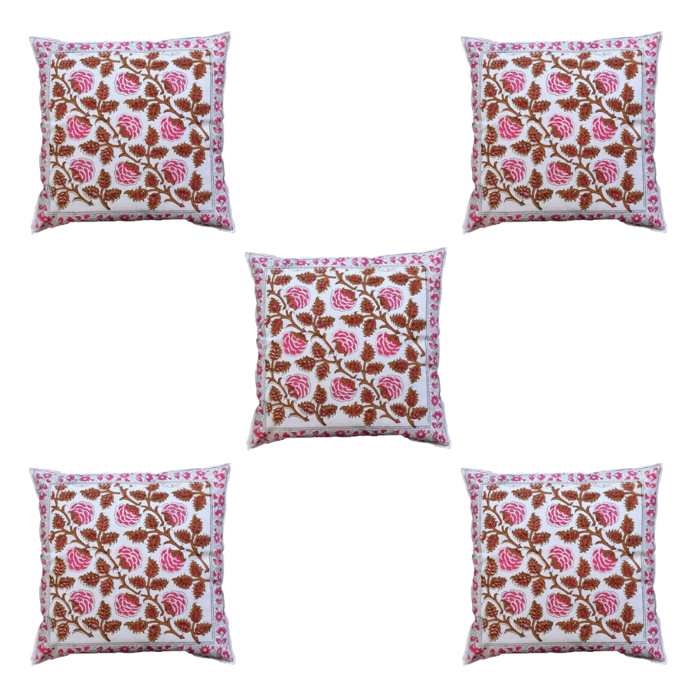 The Decor Nook Pink Brown Floral Print With Pink Border Cushion Cover