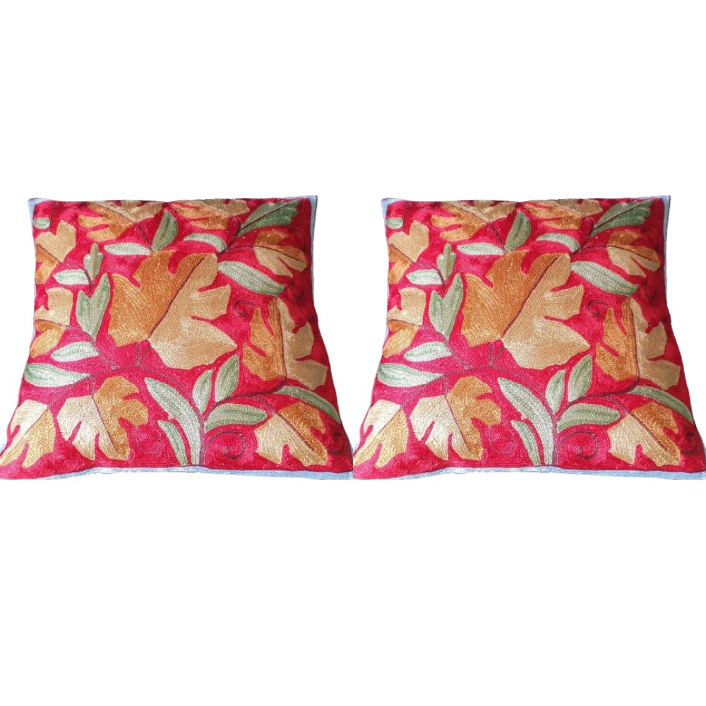 The Decor Nook Hand Embroidered Crewel Cushion Covers in Mustard Chinar Leaf Motif with Red Base