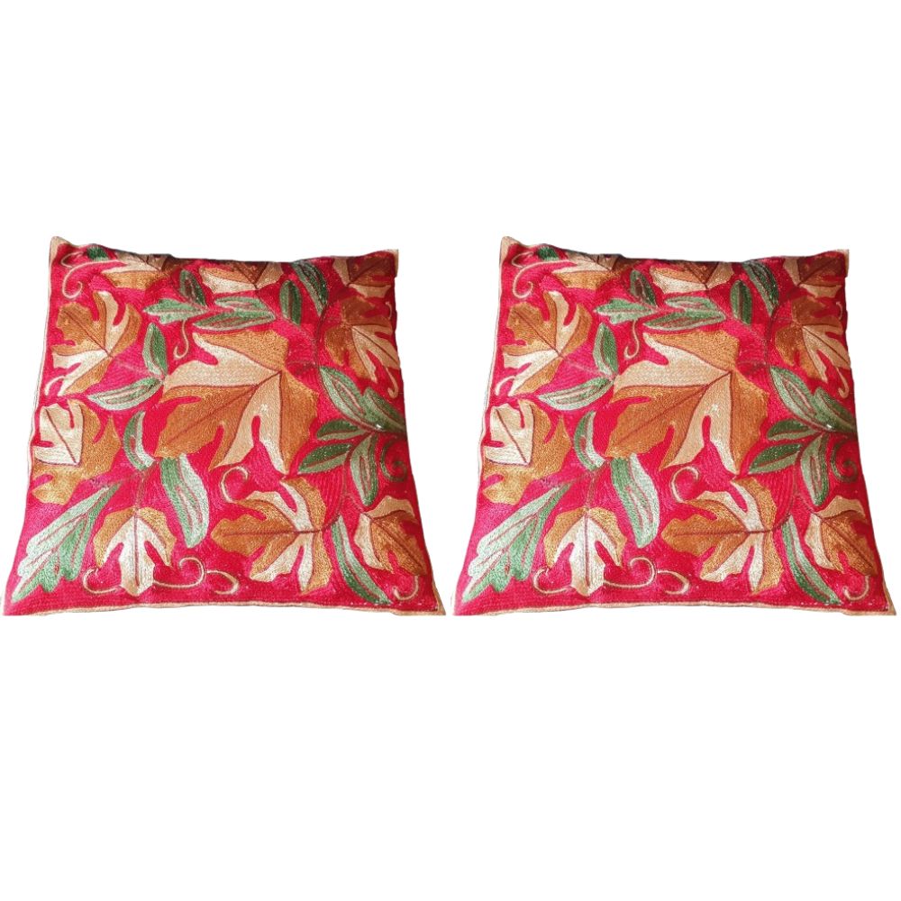 The Decor Nook Hand Embroidered Crewel Cushion Covers in Mustard/ Off White Chinar Leaf Motif with Red Base