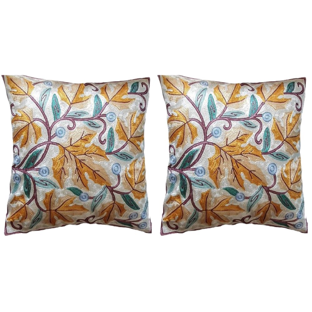 The Decor Nook Hand Embroidered Crewel Cushion Covers in Mustard & Chinar Leaf Motif with Off White Base