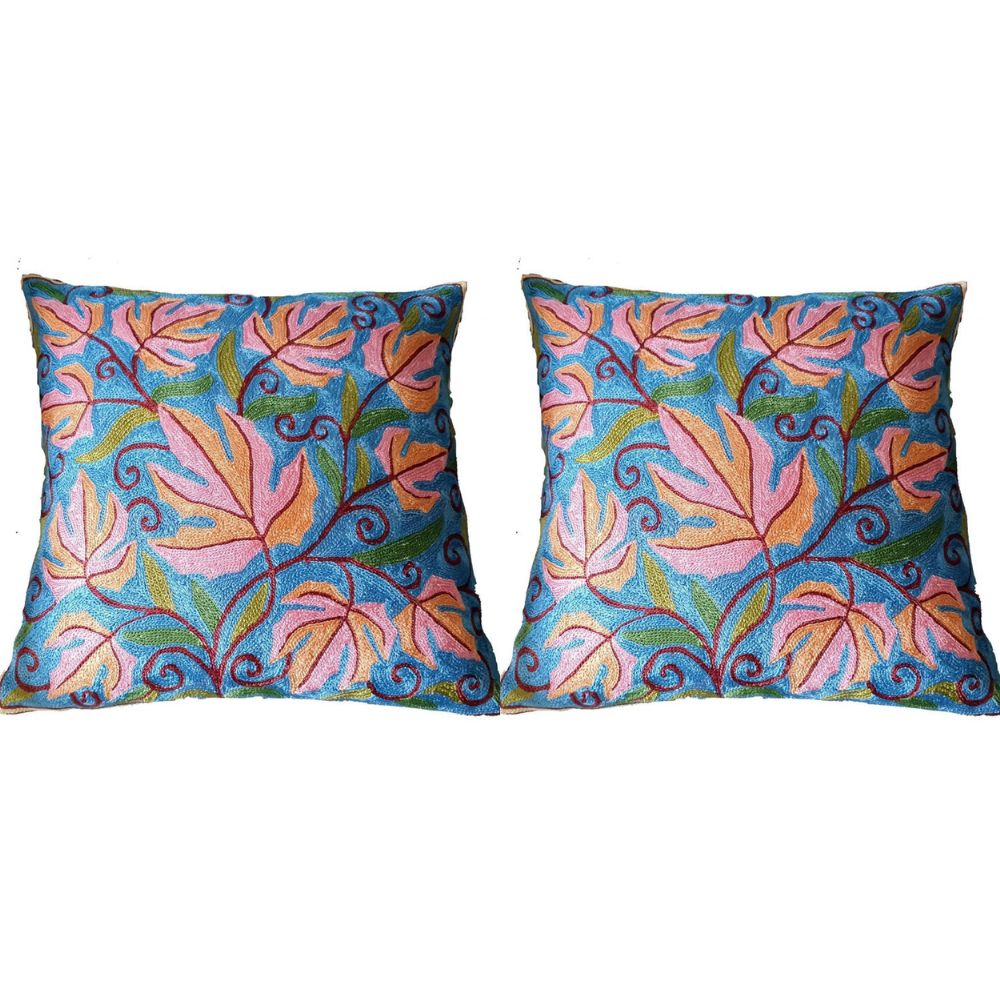 The Decor Nook Hand Embroidered Crewel Cushion Covers in Colar Pink & Chinar Leaf Motif with Blue Base