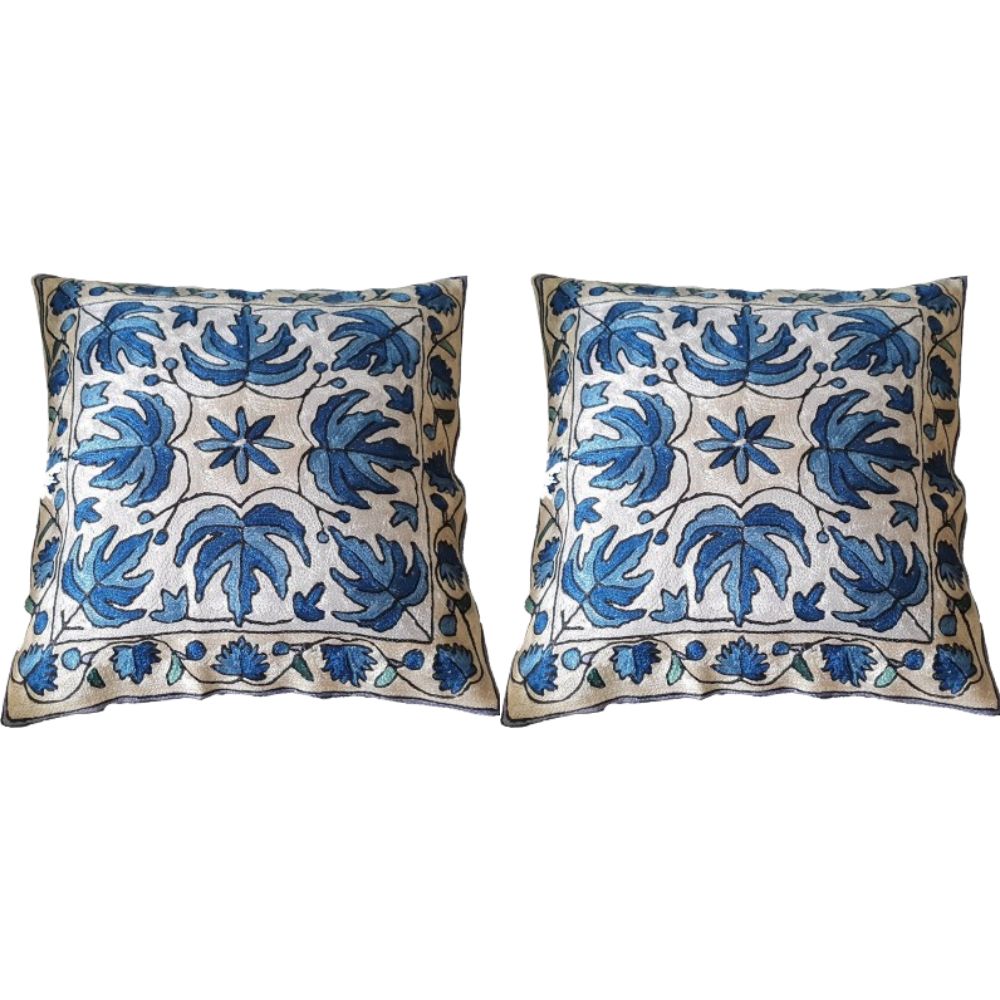 The Decor Nook Hand embroidered Crewel Cushion Covers in Blue Chinar Leaf Motif with Off White Base