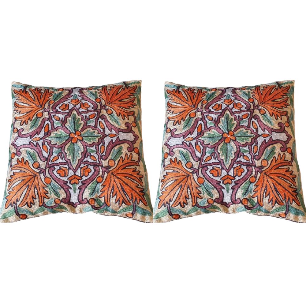 The Decor Nook Hand Embroidered Crewel Cushion Covers in Mustard & Chinar Leaf Motif with Teal Green Leaves