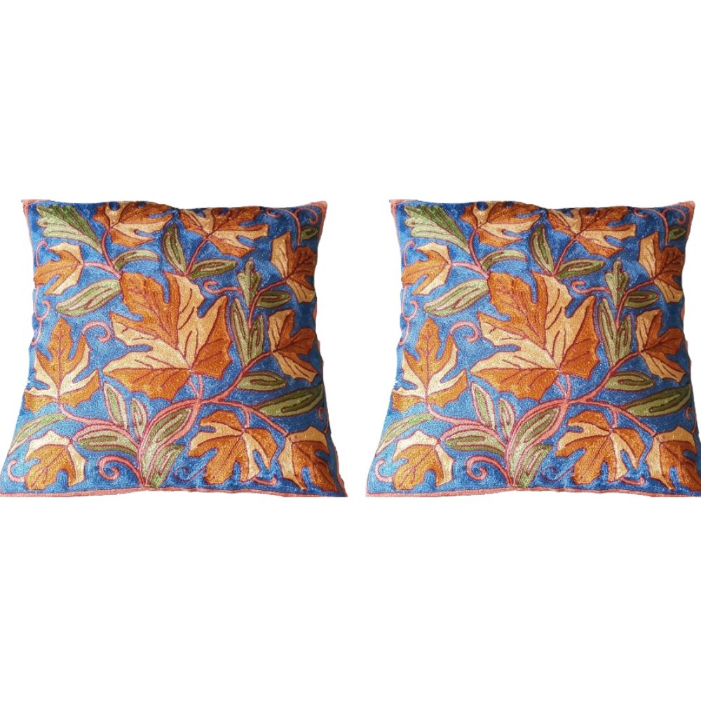 The Decor Nook Hand Embroidered Crewel Cushion Covers in Mustard & Off White Chinar Leaf Motif with Navy Blue Base