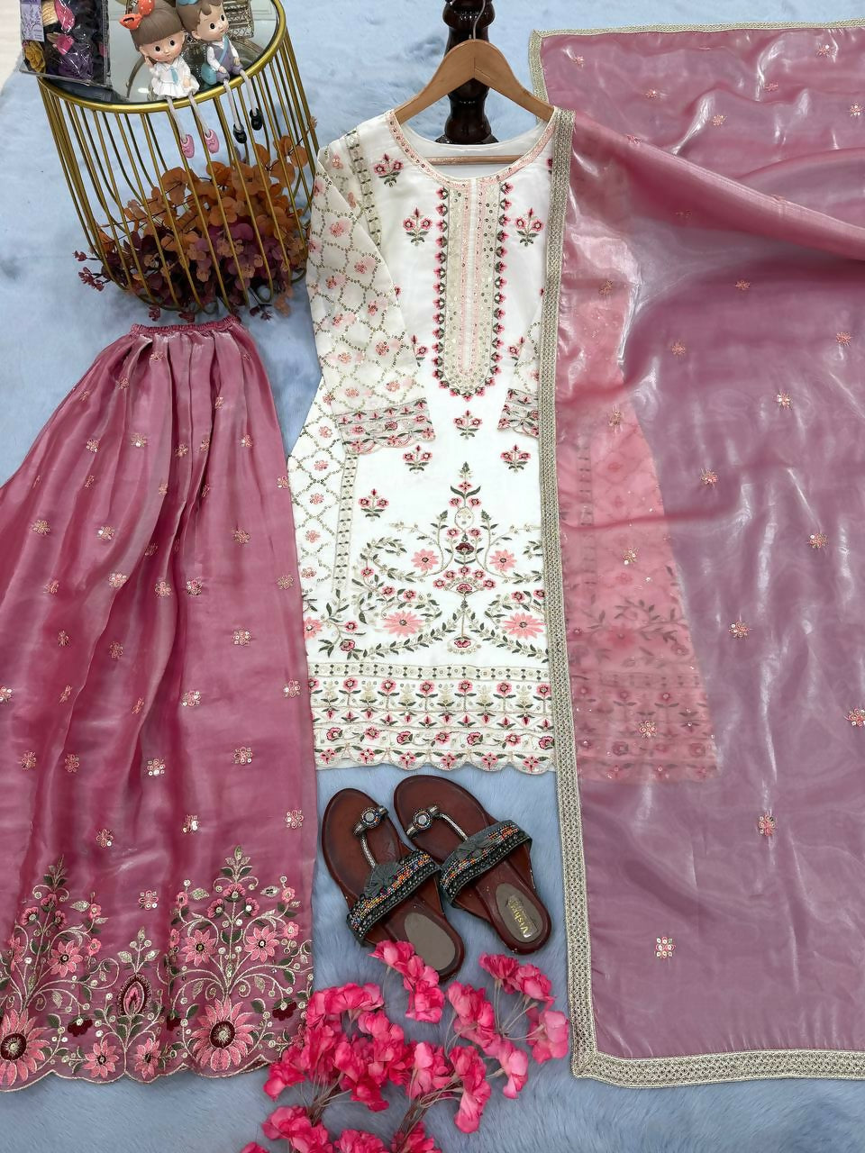 Teeya Creation Multi Color Pure Silk Gimmy Silk Heavy Embroidery Work Wedding Wear Palazzo Pair - Distacart