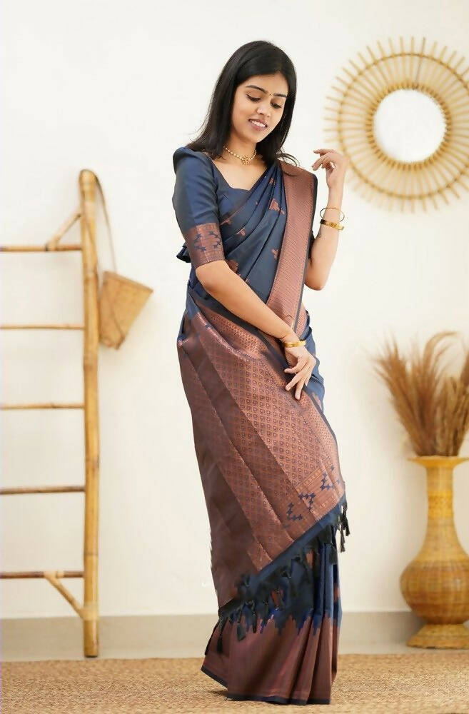 DEIANA'S Beautiful Designer Golden zari Soft Lichi Silk Saree - Navy Blue