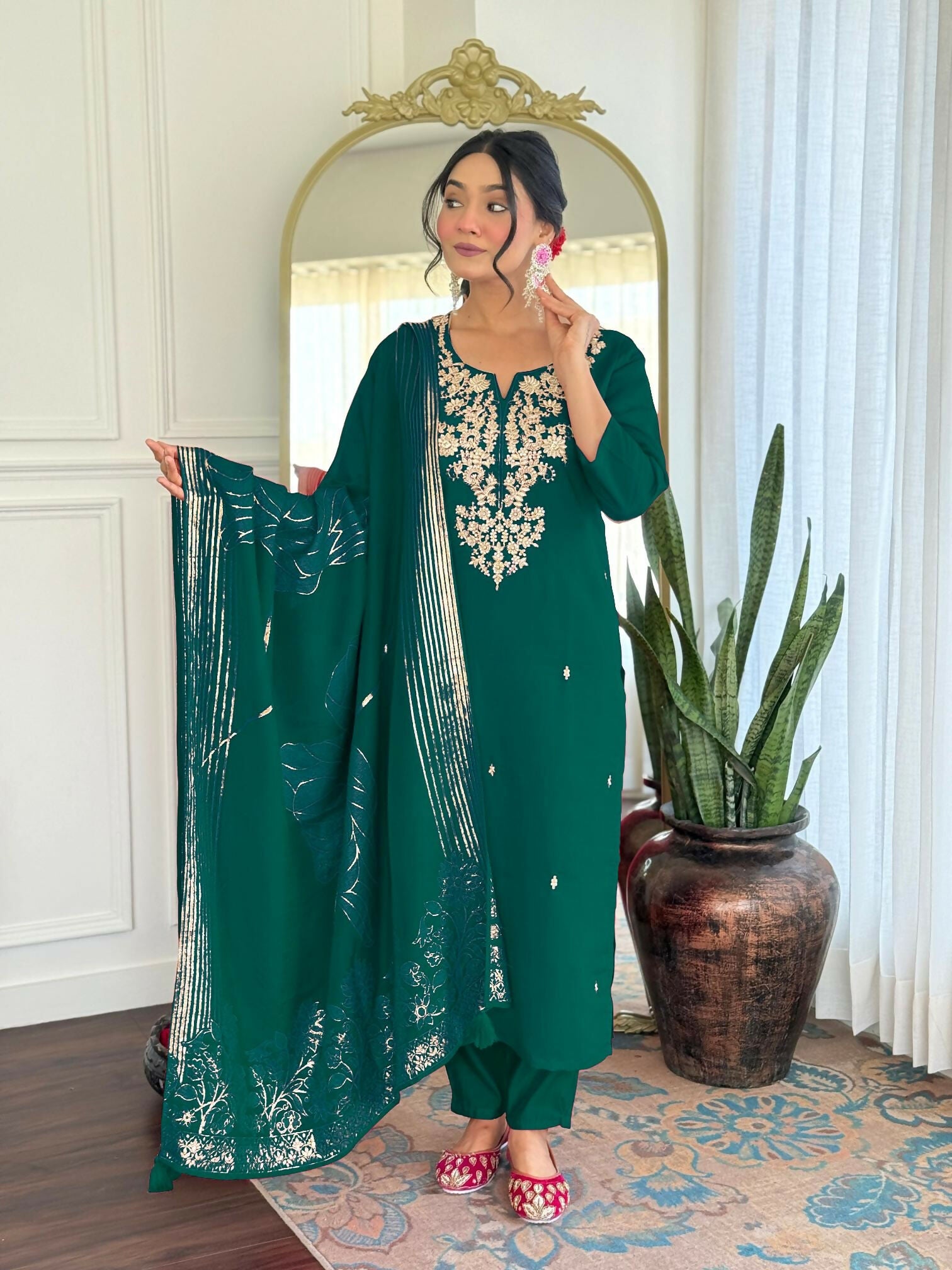 The52 Women Gorgeous Roman Silk Fabric Straight Kurta, Pant and Dupatta Set - Distacart