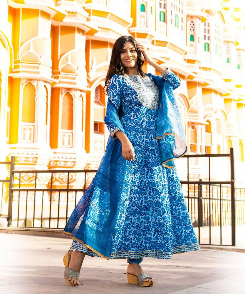 Yufta Women Blue Printed Pure Cotton Anarkali Kurta with Trouser & With Dupatta