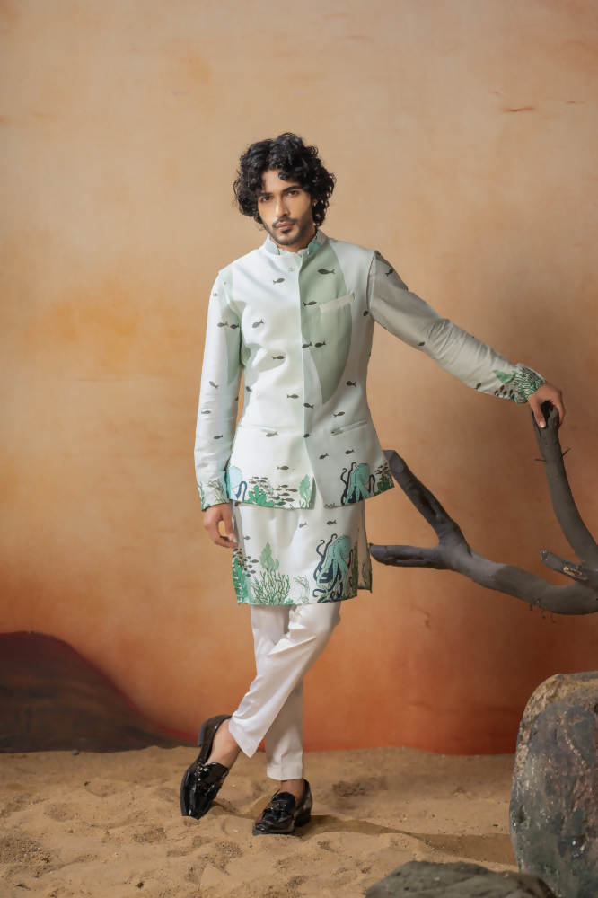 Seabed Serenity Cotton Satin Nehru Jacket by Hilo Design