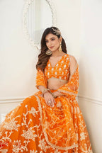 Aastha Fashion Orange Butterfly Net White Cotton Thread Work And Sequence Work Embroidery Wedding Wear Lehenga Choli