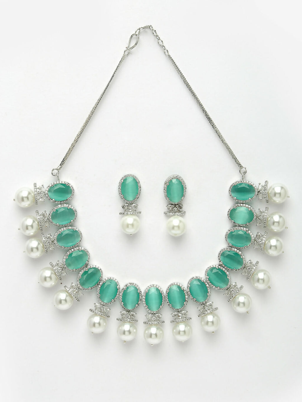 NVR Women's Silver-Plated Green American Diamond Studded Handcrafted Jewellery Set