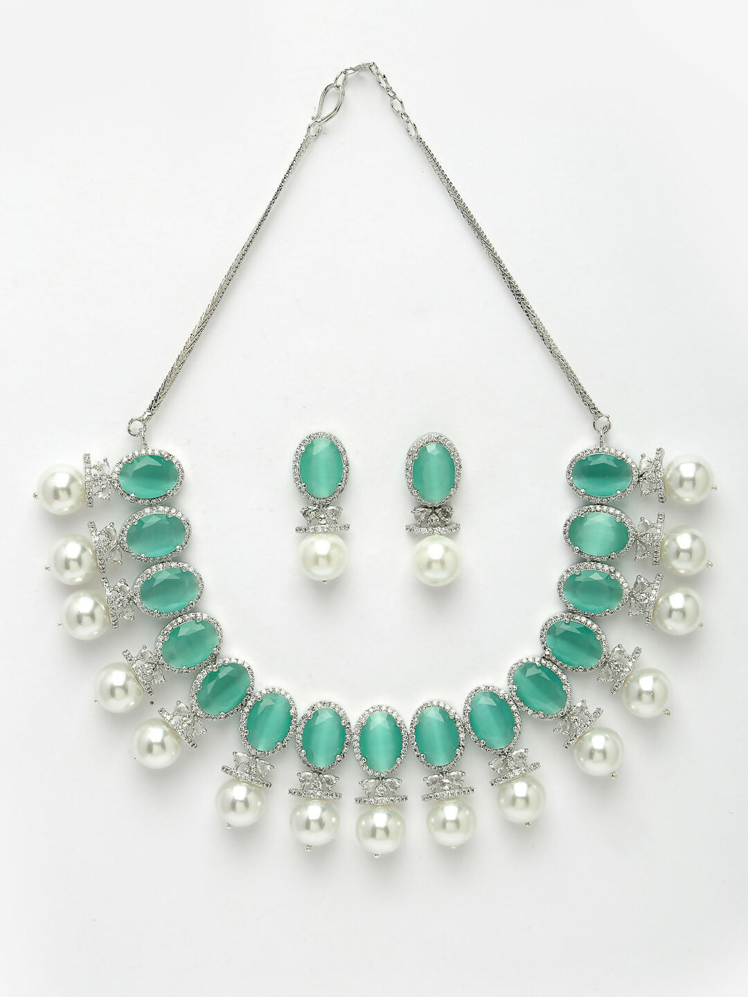 NVR Women's Silver-Plated Green American Diamond Studded Handcrafted Jewellery Set