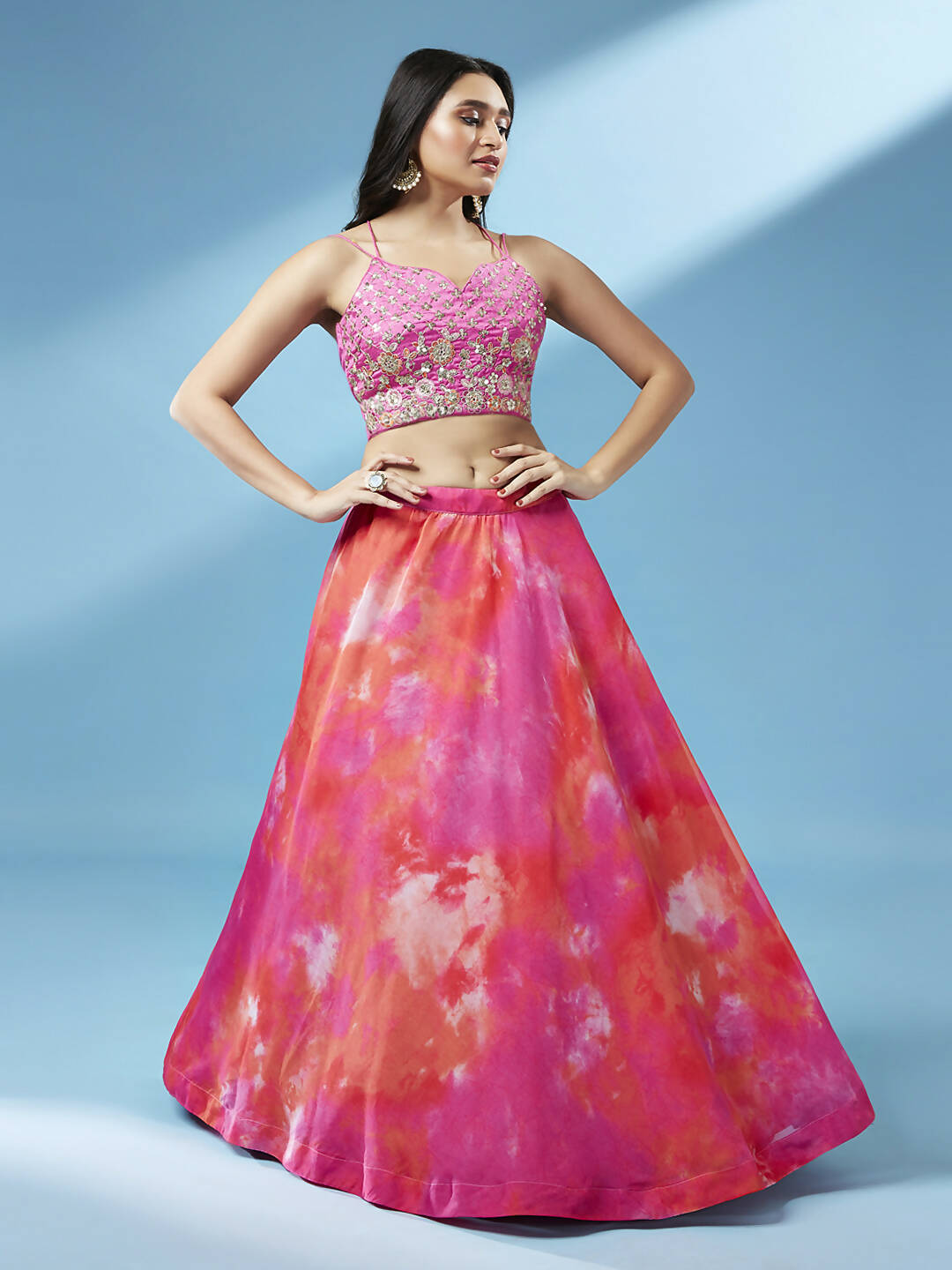 House of Panchhi Orange Organza Shibori Printed Lehenga choli & Dupatta